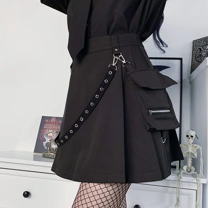 Harajuku Gothic Pocket Skirt Women 2023 Summer New A Line Sexy High Waist Preppy Streetwear Slim Split Female Goth Clothing