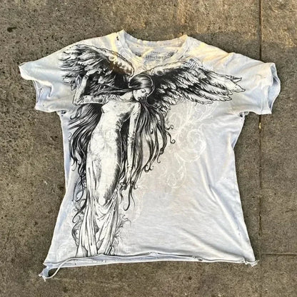 Apex Ritual – レディース スカルプリント コットン Tシャツ – ヴィンテージ 丸首 半袖 Tシャツ
