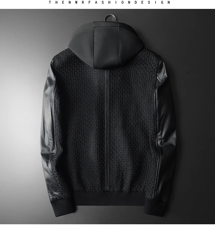 Minglu Autumn Winter Goatskin Men's Jackets High Quality Solid Color Hooded Genune Leather Male Coats Zipper Casual Man Overcoat
