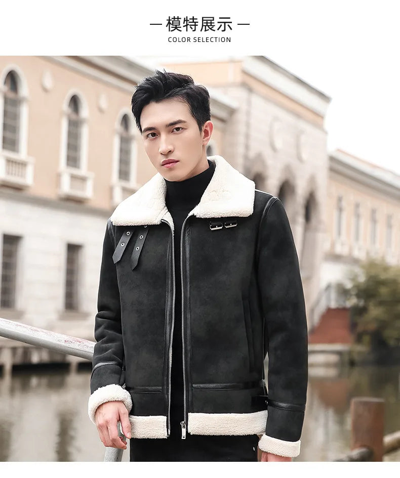 Fashion Solid Slim Korean Style Leather Coat Fleece Jacket Men Leather Jacket Winter Faux Fur Collar Windproof Warm Clothing