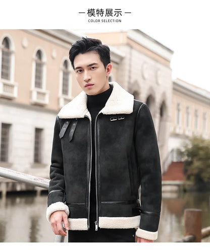 Fashion Solid Slim Korean Style Leather Coat Fleece Jacket Men Leather Jacket Winter Faux Fur Collar Windproof Warm Clothing