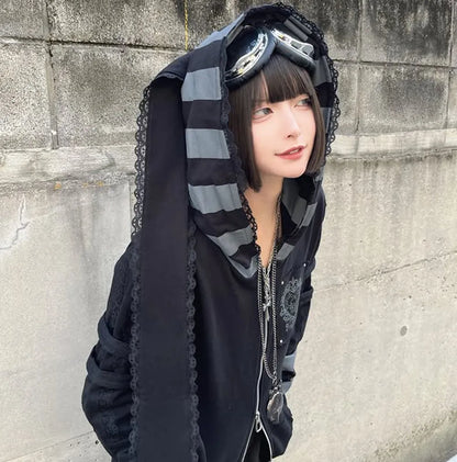 Japanese Harajuku Style Bow Sweet Cool Long-Ear Hooded Lace Trim Color-Block Zipper Long Cardigan Coat Gothic Hoodie Jacket