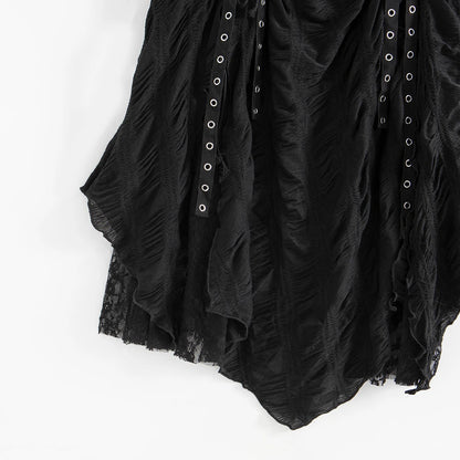Gothic Long Skirt Bandage Lace Mesh Patchwork High Waist A Line Drawstring Split Black Skirt Irregular Aesthetic Female Fashion