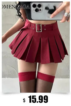 WOMENGAGA Preppy Style High Waist Slim Double Belt Slip Plaid Pleated Skirt Fashion Sexy Korean Women JK Skirts Sweet X8WN