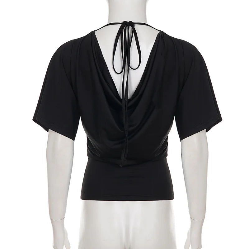 Sexy Deep V Neck Lace Spliced Tie Waist Slim Half Sleeve Crop Tee For Women