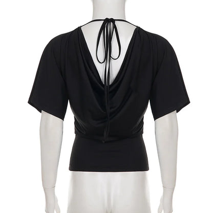 Sexy Deep V Neck Lace Spliced Tie Waist Slim Half Sleeve Crop Tee For Women
