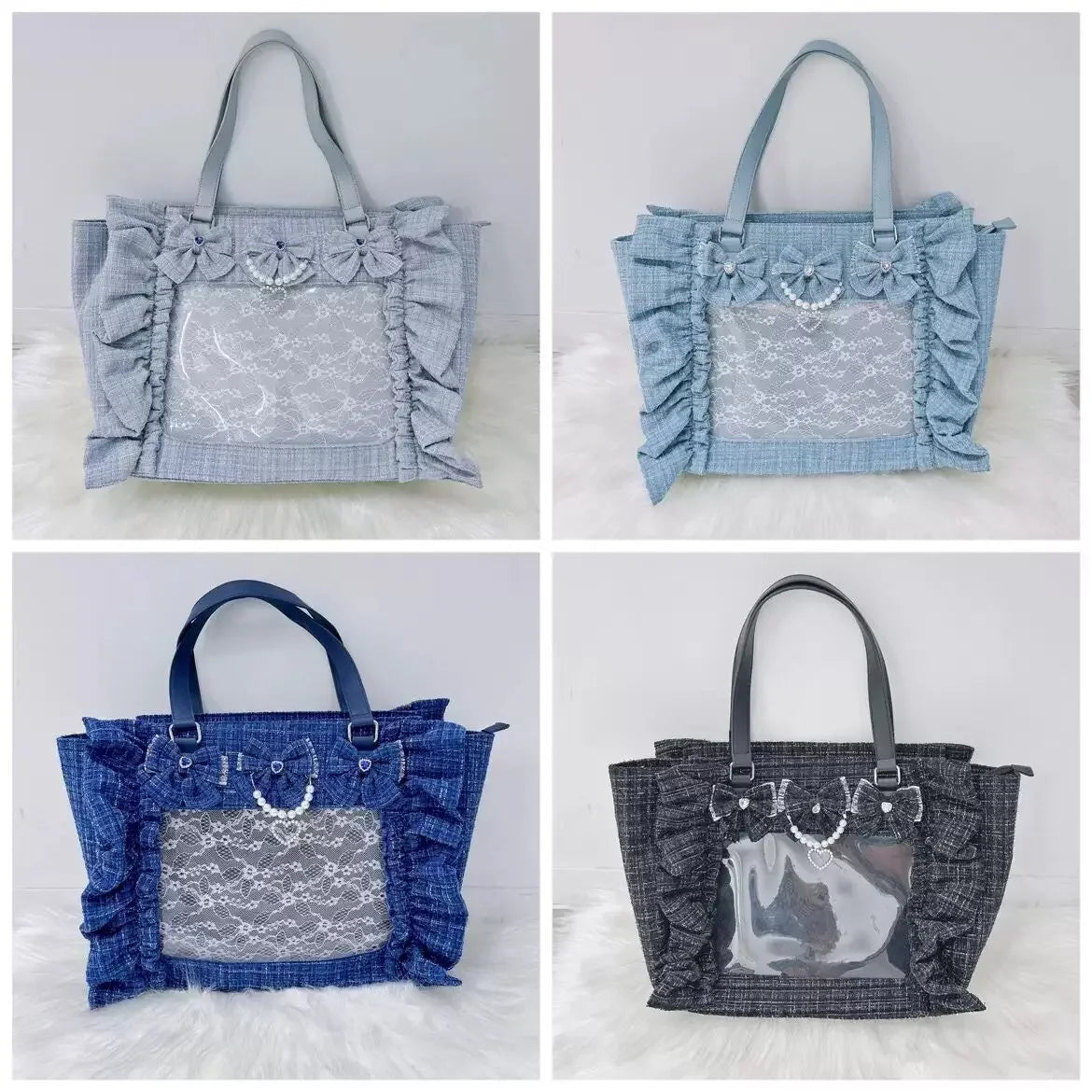 Japanese Style Mine Bags Women Ruffled Lace Lolita Girls Rhienstone Pearl Bowknot Square Tote Shoulder Portable Bolso Handbags
