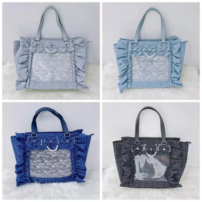 Japanese Style Mine Bags Women Ruffled Lace Lolita Girls Rhienstone Pearl Bowknot Square Tote Shoulder Portable Bolso Handbags