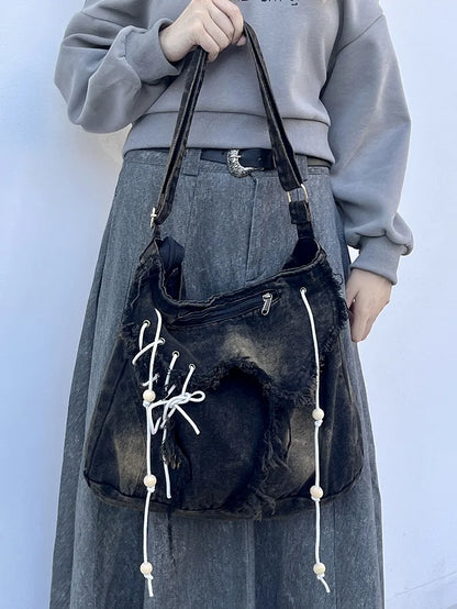 Y2K Korean Harajuku Gothic Hobo Denim Bag Aesthetic Vintage Purses WomenHandbag Crossbody Messenger Tote Peddler Shoulder Bags