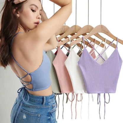 Women's Ribbed Lace-Up Halter Crop Top