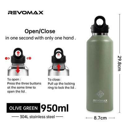 RevoMax-Double Wall Insulated Water Bottle, Outdoor Travel Sports Bottles, Stainless Steel Thermos for Tea, Thermal Cup, 600ml