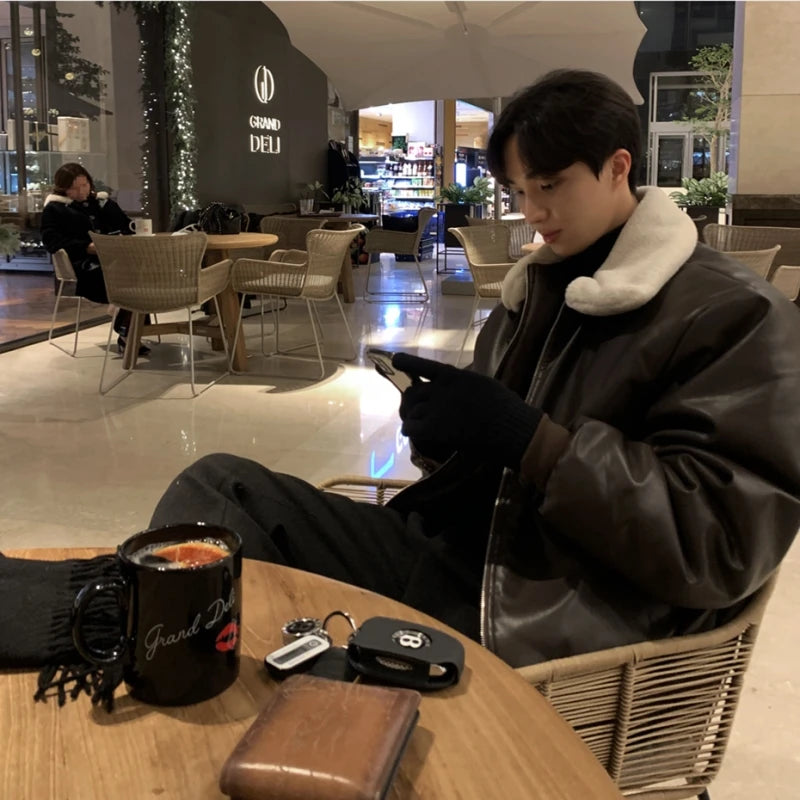 Winter Jacket Men Warm Fashion Casual Thickened Leather Jacket Men Streetwear Korean Loose Short Coat Mens Thick Leather Coat