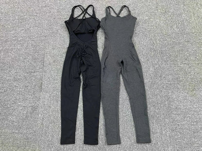Women's Workout Slim Fit Ruched Black Jumpsuit