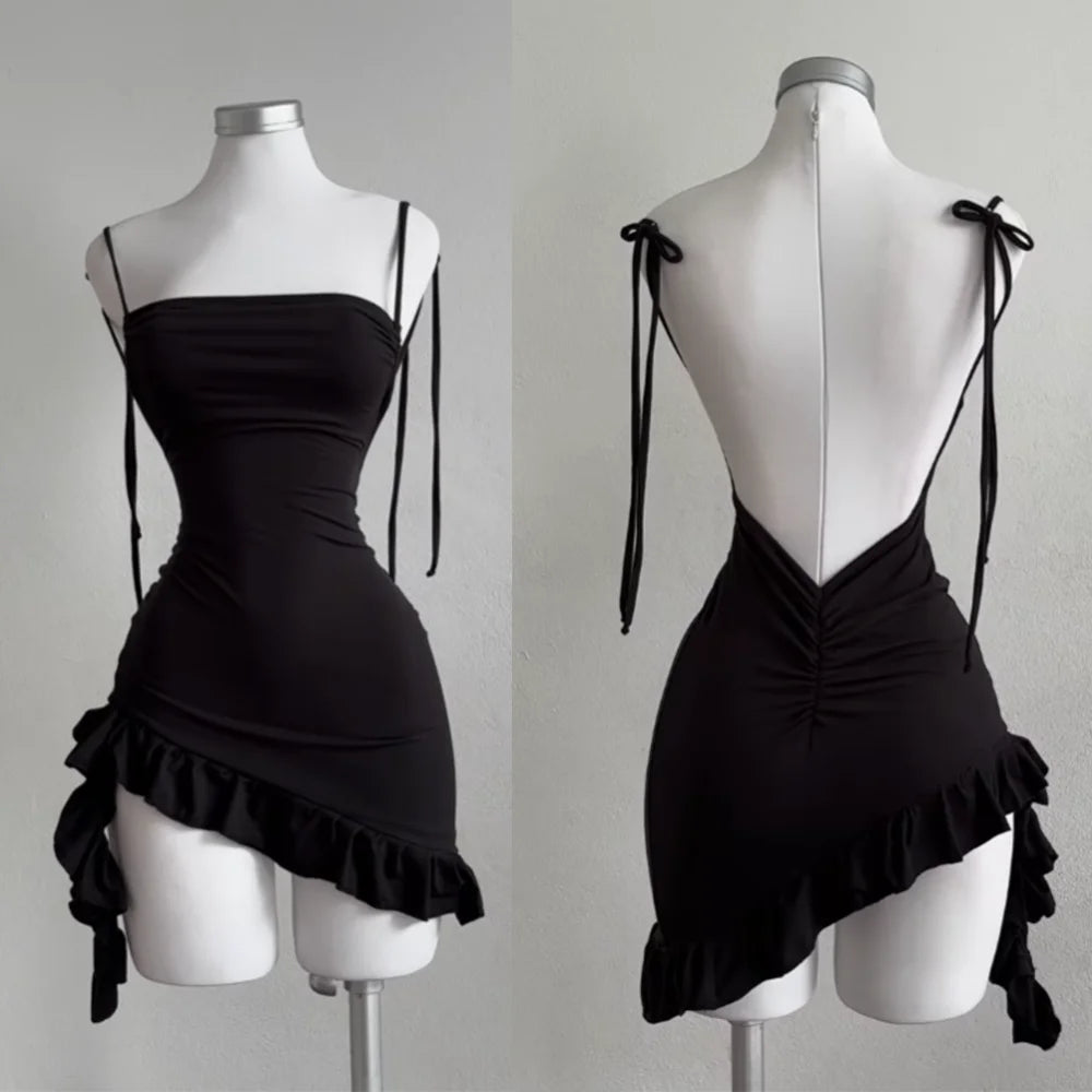 Women's Black Lace-Up Backless Mini Dress