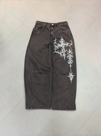Y2K Hip-hop Jeans Vintage Straight Leg Denim Pants Streetwear Graffiti Print Casual Wide Leg Trousers Baggy Daily Wear Jeans