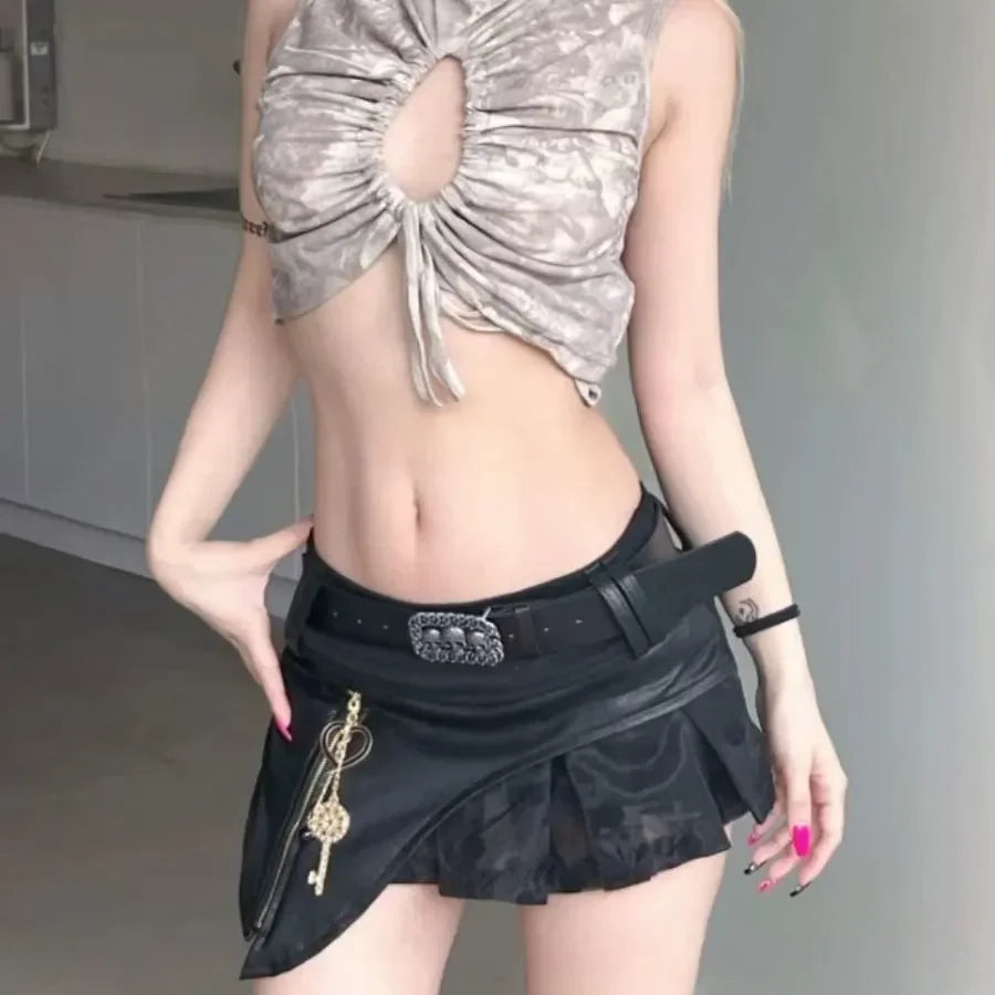 Summer Mini Skirt Sexy American High Street Party Versatile Mini Skirt Black Asymmetrical Metal Chain Punk Rock Gothic Skirt