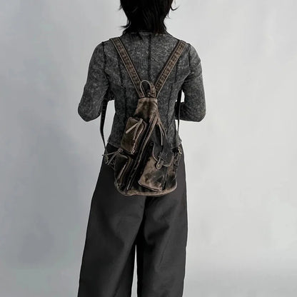 Annmouler Designer Backpacks for Women Soft Washed Letaher Sling Chest Bag Vintage Multi-pockets Punk Style Small Bag