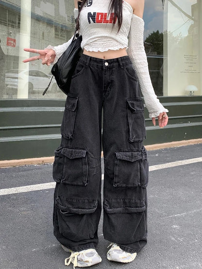 Trashy Y2K 2000S Streetwear Washed Black Baggy Jeans Cargo Pants For Women Clothes Multi Pockets Wide Leg Gothic Lady Trousers