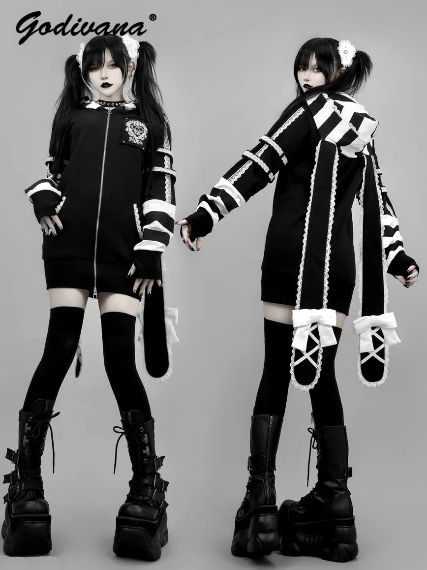 Japanese Harajuku Style Bow Sweet Cool Long-Ear Hooded Lace Trim Color-Block Zipper Long Cardigan Coat Gothic Hoodie Jacket