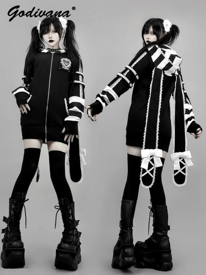 Japanese Harajuku Style Bow Sweet Cool Long-Ear Hooded Lace Trim Color-Block Zipper Long Cardigan Coat Gothic Hoodie Jacket