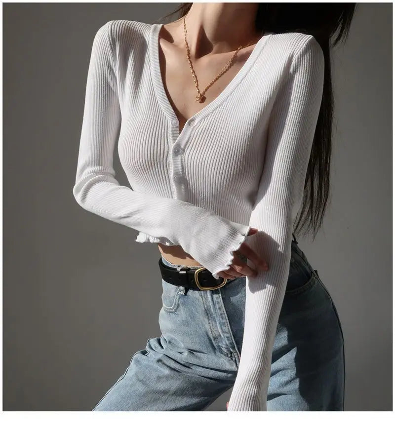 Women's Y2K V-Neck Knit Crop Top