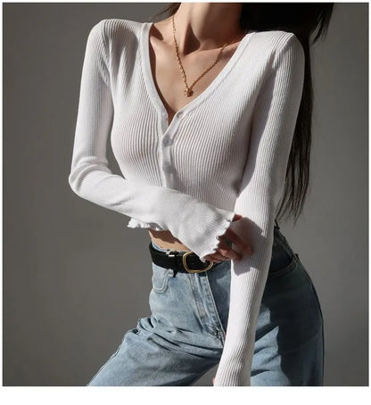 Women's Y2K V-Neck Knit Crop Top