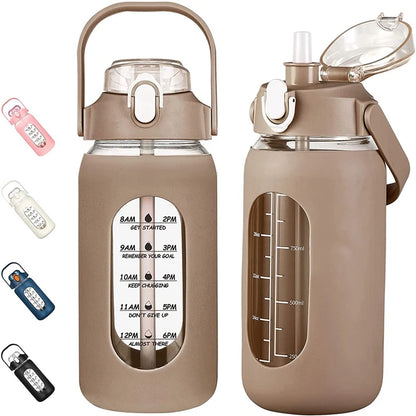 1000ML Glass Water Bottles With Straw, Glass Bottle With Silicone Sleeve And Time Marker, For Gym Camping Home Office