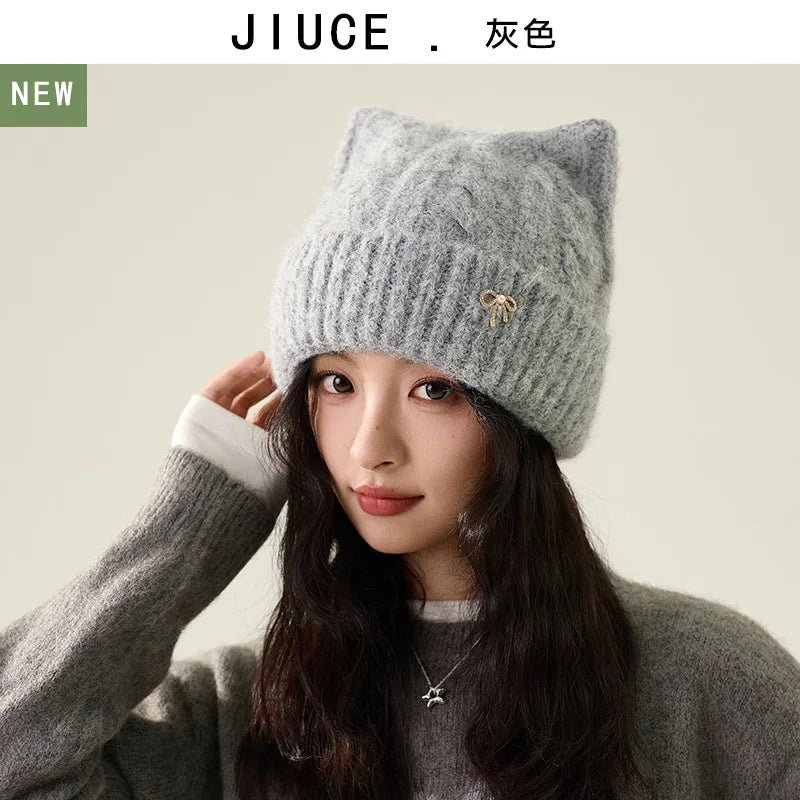 Cute Cartoon Cat's Ears Thickened Knit Hat women's Bow Wool Hat Ear Protection Warm Hat Bonnets Beanies 4m730