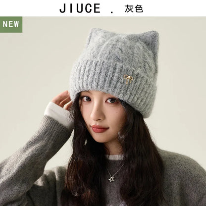 Cute Cartoon Cat's Ears Thickened Knit Hat women's Bow Wool Hat Ear Protection Warm Hat Bonnets Beanies 4m730