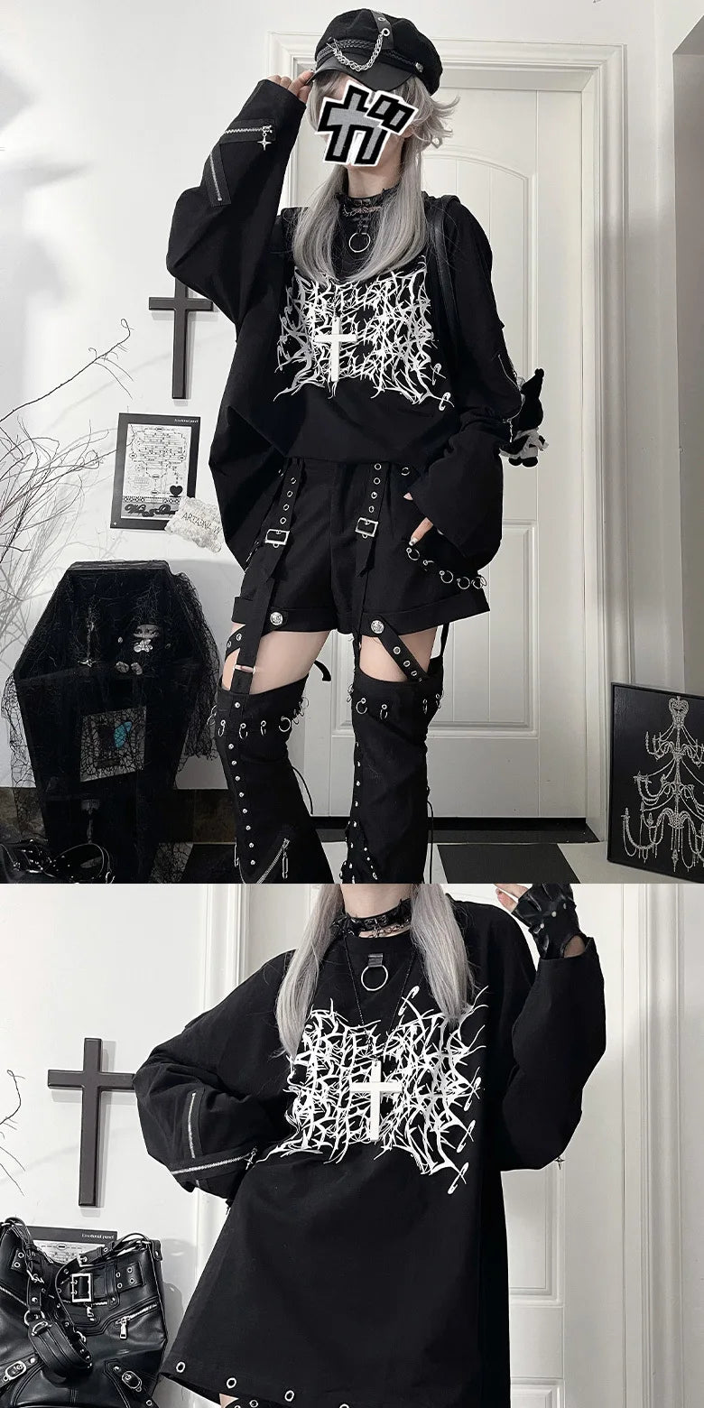Original Print Subculture Dark Loose Long Sleeve Pure Cotton T-Shirt Japanese Punk Gothic Long Sleeve Round Neck Cool Girl Top