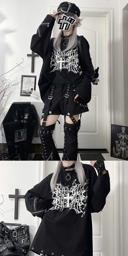 Original Print Subculture Dark Loose Long Sleeve Pure Cotton T-Shirt Japanese Punk Gothic Long Sleeve Round Neck Cool Girl Top