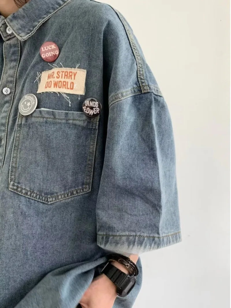 Harajuku Tooling Mens Sets 2024 Summer American Street Retro Denim Suit Hip Hop Printed Cowboy Shirt+Wide Leg Jeans 2-pcs New