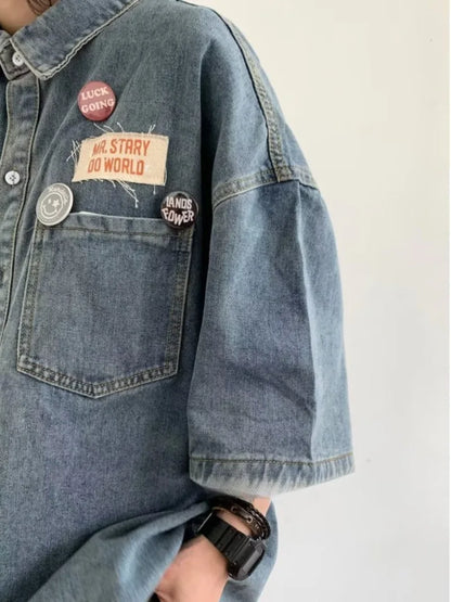Harajuku Tooling Mens Sets 2024 Summer American Street Retro Denim Suit Hip Hop Printed Cowboy Shirt+Wide Leg Jeans 2-pcs New