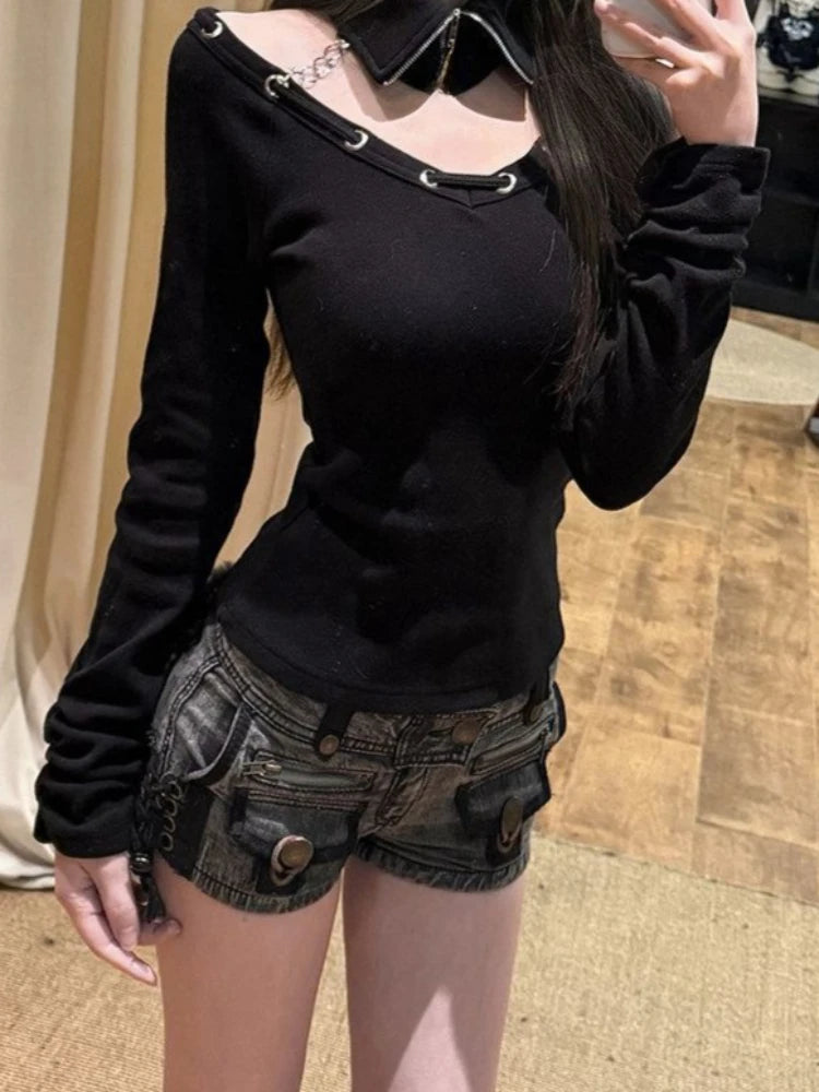 Women's Y2K Chain Slash-Neck Crop Top