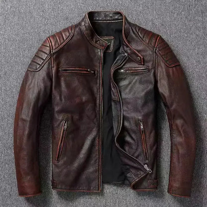 Vintage Black Brown Real Cowhide Genuine Leather Jacket Real Fur Men's Leather Jacket Bomber Men Leather Jacket Motorcycle Coat