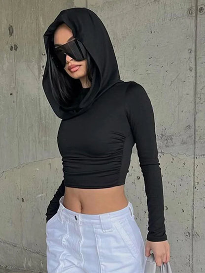 Women's Hooded Crop Tops Autumn Solid Color Long Sleeve Cowl Neck Slim Fit Short T-Shirt Streetwear Sporty Basics Tees