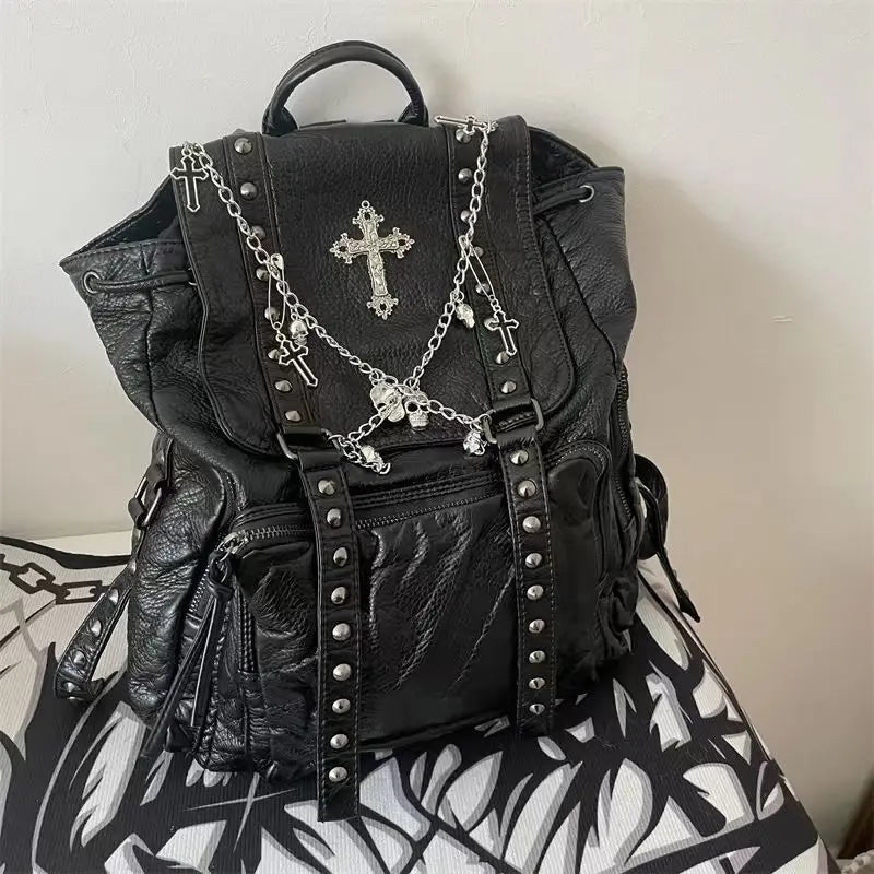 Gothic Y2k Backpack Black Grunge School Bags Pu Leather Cross Skeleton Punk Backpack Aesthetic Fashion Female Vintage Backpack