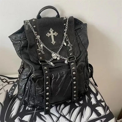 Gothic Y2k Backpack Black Grunge School Bags Pu Leather Cross Skeleton Punk Backpack Aesthetic Fashion Female Vintage Backpack