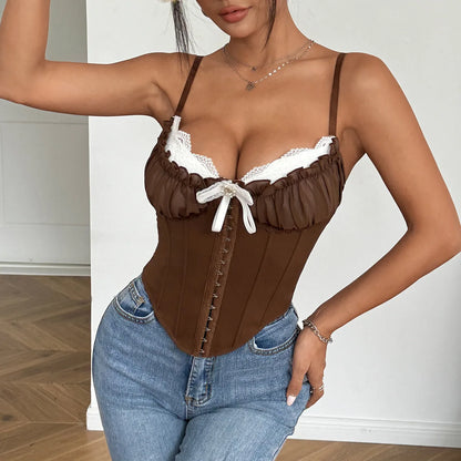 SSexy V Neck Y2K Crop Tops Lace Patchwork Pleated Bowknot Corset Top Sexy Backless Slim Camisole Body Shape Fishbone Bustier