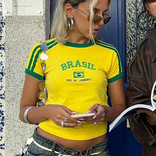 Apex Ritual – レディース ブラジル文字クロップトップ – 90年代風ヴィンテージY2K半袖ストリートウェアTシャツ