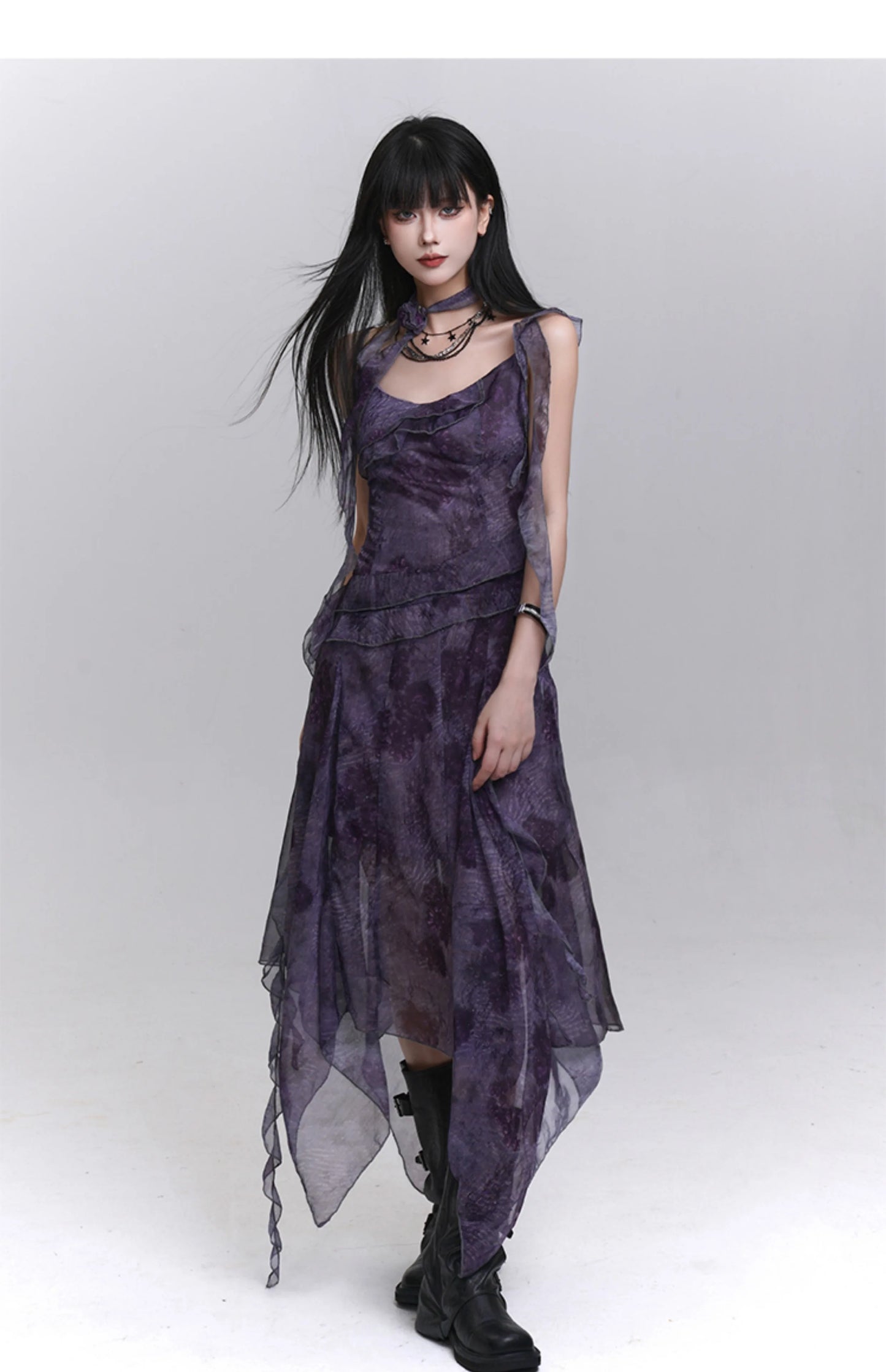 Women's Purple Tie-Dye V-Neck Midi Dress