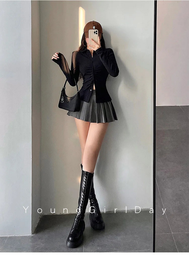  Pleated Skirt with Shorts Women Sexy High Waist White Black A-line Korean Gyaru Mini Tennis Skirt School Girl Summer