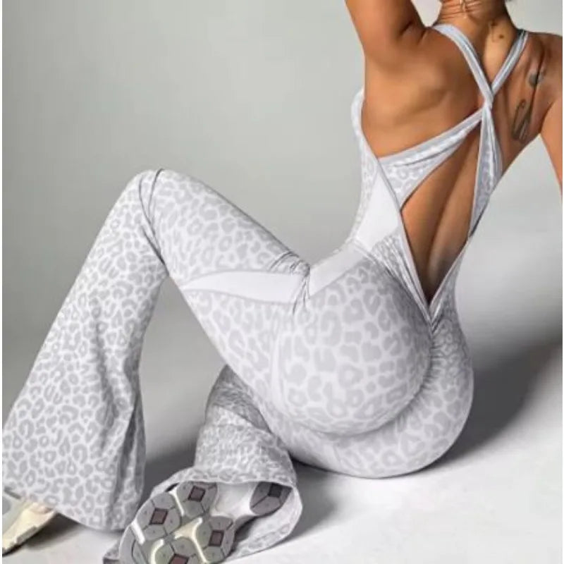 Women's Leopard Print Cross-Back Yoga Jumpsuit