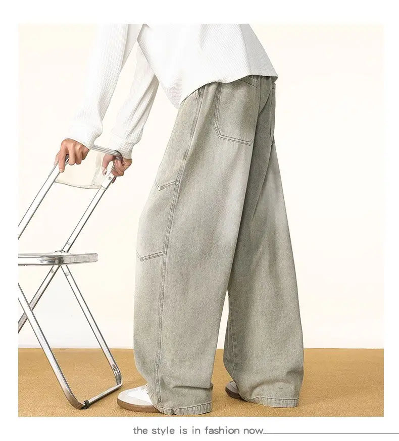Men's Spring And Autumn Fashion Washed Large Versatile Casual Pants Retro Splicing Nail Beaded Jeans Loose Straight Leg Pants