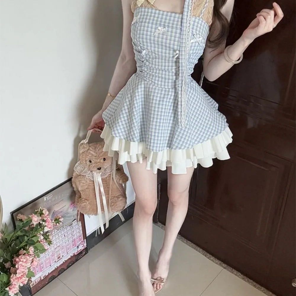 Women's Blue Plaid Bow Strapless Mini Dress