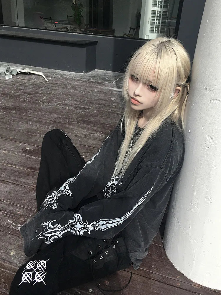 Women Grey Torn T-shirt Harajuku Korean Y2k Tees Top Vintage 90s Aesthetic Long Sleeve T-shirt 2000s Trashy Fashion Clothes