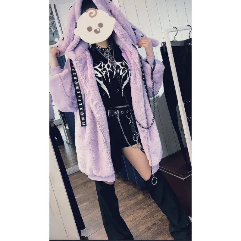 Japanese Harajuku Rabbit Ears Fur Purple Coat for women 2023 Winter New Women's Dark Punk Mid-Length Zipper Plush Coats Street