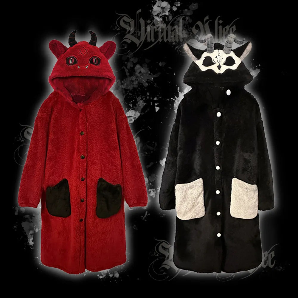 Virtual Alice Dark Gothic Demon Death Skull Horned Hooded Robe Thickened Coral Fleece Winter Warm Long Sleepwear Loungewear