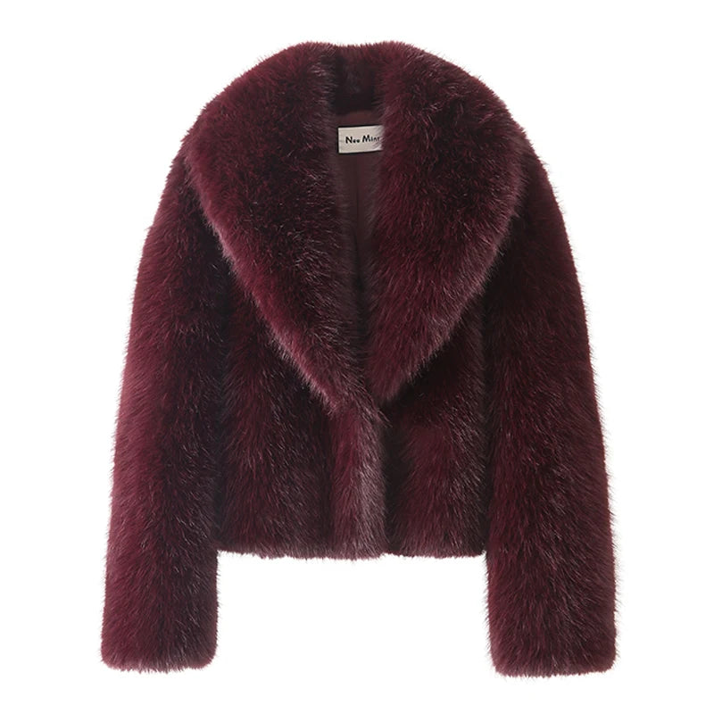 Neo Mint Street Fashion Shawl Collar Faux Fox Fur Coat Women 2024 Winter Cool Girls Black Short Fur Jacket Vintage Chic Overcoat