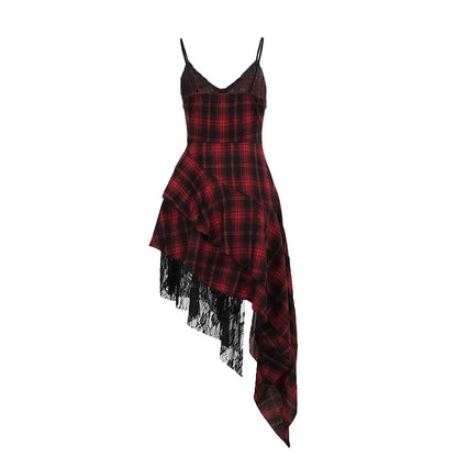 Women's Plaid Lace Spaghetti-Strap Midi Dress